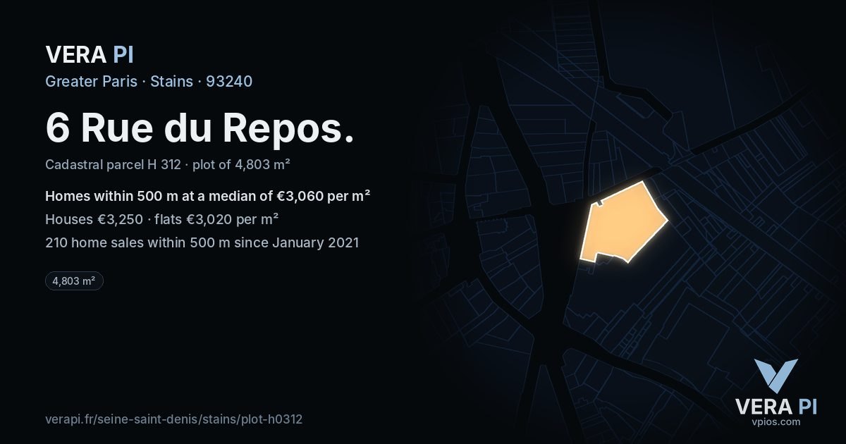 6 Rue du Repos, Stains at night – the plot lit, the parcels around coloured by the prices near them