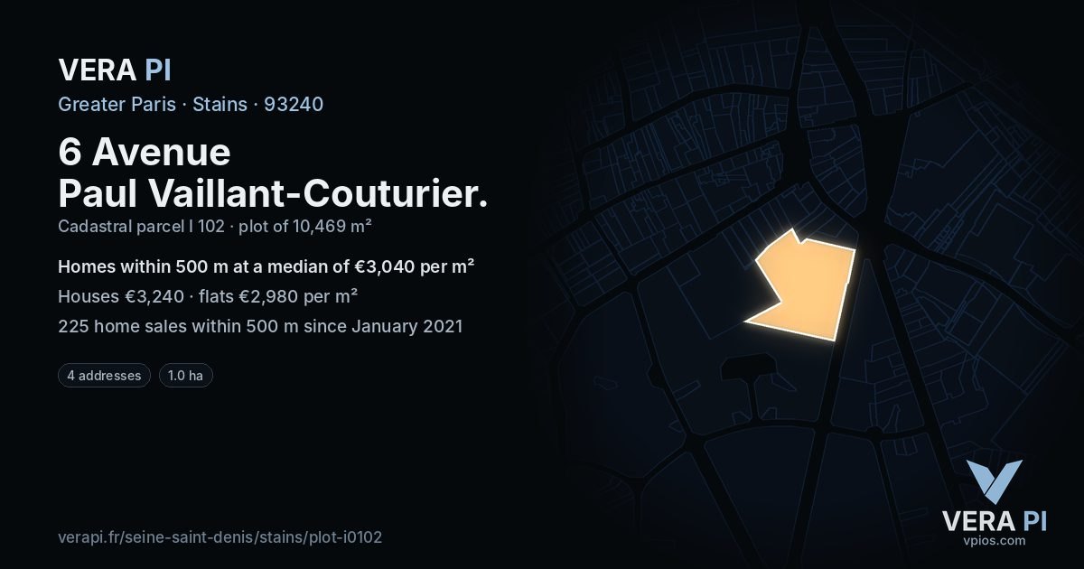6 Avenue Paul Vaillant-Couturier, Stains at night – the plot lit, the parcels around coloured by the prices near them