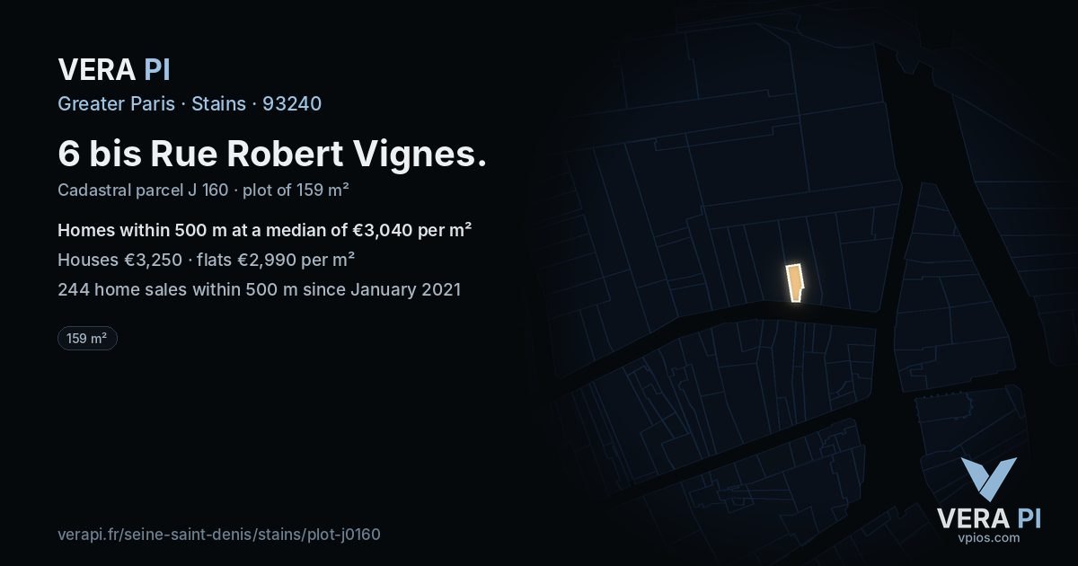 6 bis Rue Robert Vignes, Stains at night – the plot lit, the parcels around coloured by the prices near them