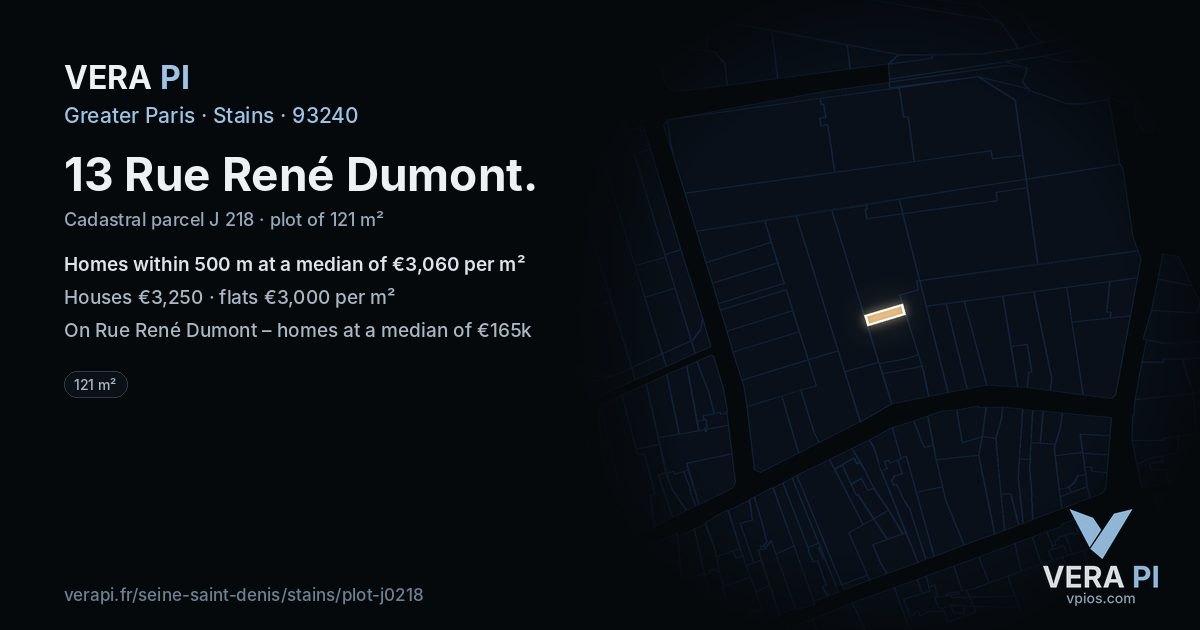 13 Rue René Dumont, Stains at night – the plot lit, the parcels around coloured by the prices near them