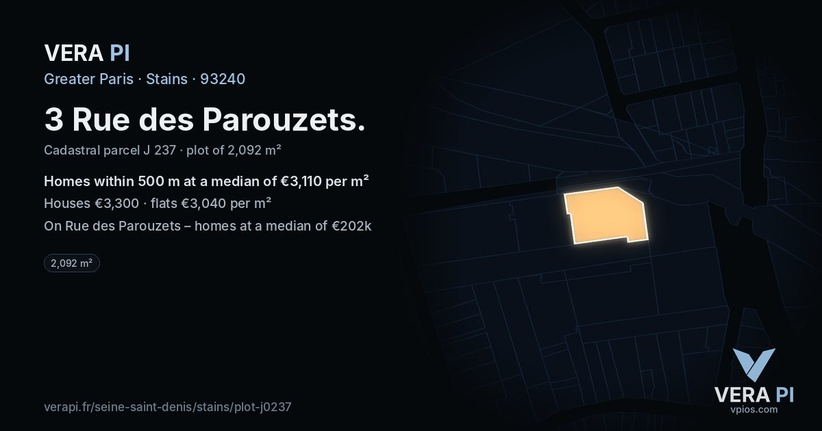 3 Rue des Parouzets, Stains at night – the plot lit, the parcels around coloured by the prices near them