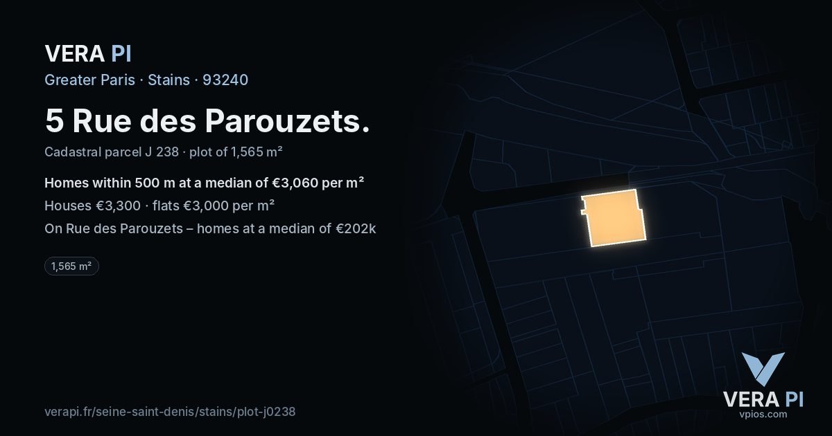 5 Rue des Parouzets, Stains at night – the plot lit, the parcels around coloured by the prices near them