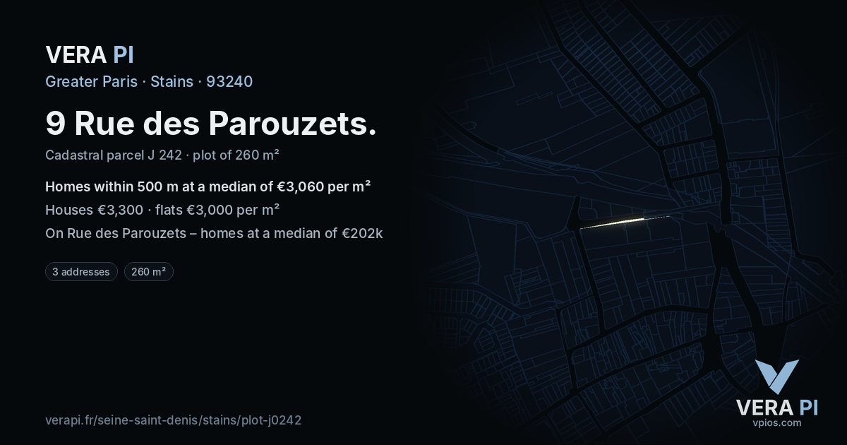 9 Rue des Parouzets, Stains at night – the plot lit, the parcels around coloured by the prices near them