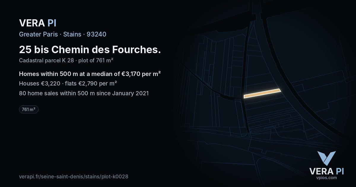 25 bis Chemin des Fourches, Stains at night – the plot lit, the parcels around coloured by the prices near them