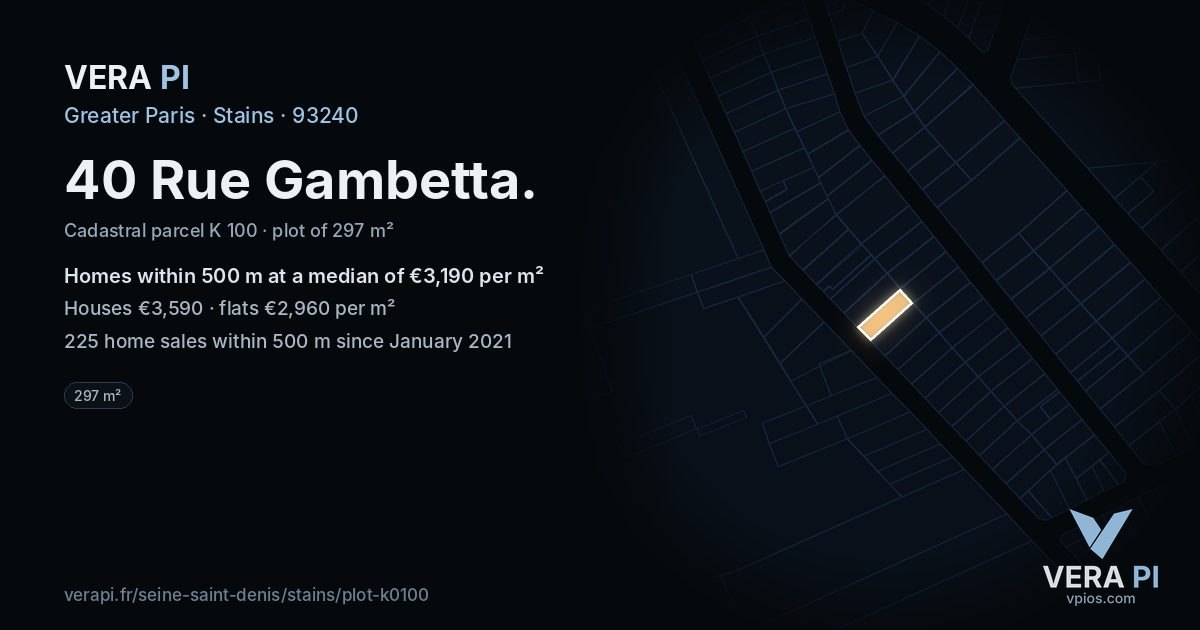 40 Rue Gambetta, Stains at night – the plot lit, the parcels around coloured by the prices near them