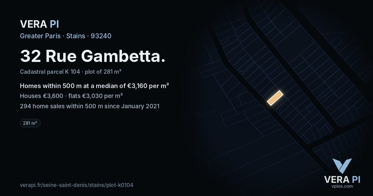 32 Rue Gambetta, Stains at night – the plot lit, the parcels around coloured by the prices near them