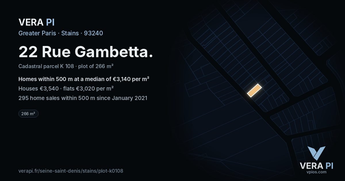 22 Rue Gambetta, Stains at night – the plot lit, the parcels around coloured by the prices near them