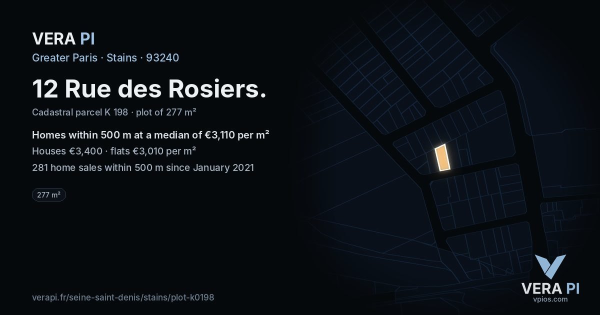 12 Rue des Rosiers, Stains at night – the plot lit, the parcels around coloured by the prices near them