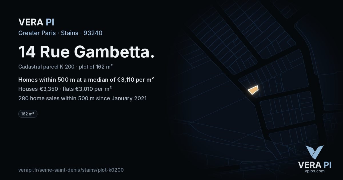 14 Rue Gambetta, Stains at night – the plot lit, the parcels around coloured by the prices near them