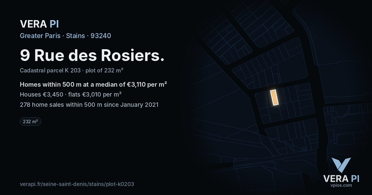 9 Rue des Rosiers, Stains at night – the plot lit, the parcels around coloured by the prices near them
