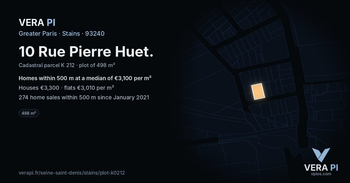 10 Rue Pierre Huet, Stains at night – the plot lit, the parcels around coloured by the prices near them