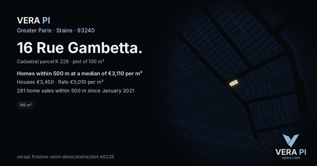 16 Rue Gambetta, Stains at night – the plot lit, the parcels around coloured by the prices near them
