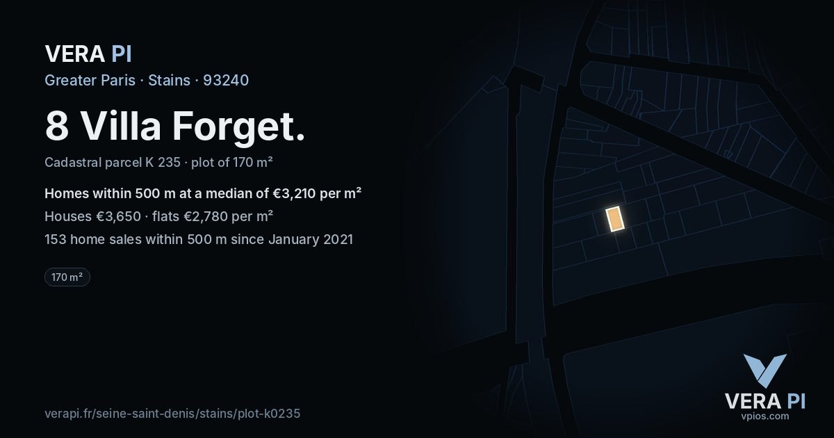 8 Villa Forget, Stains at night – the plot lit, the parcels around coloured by the prices near them