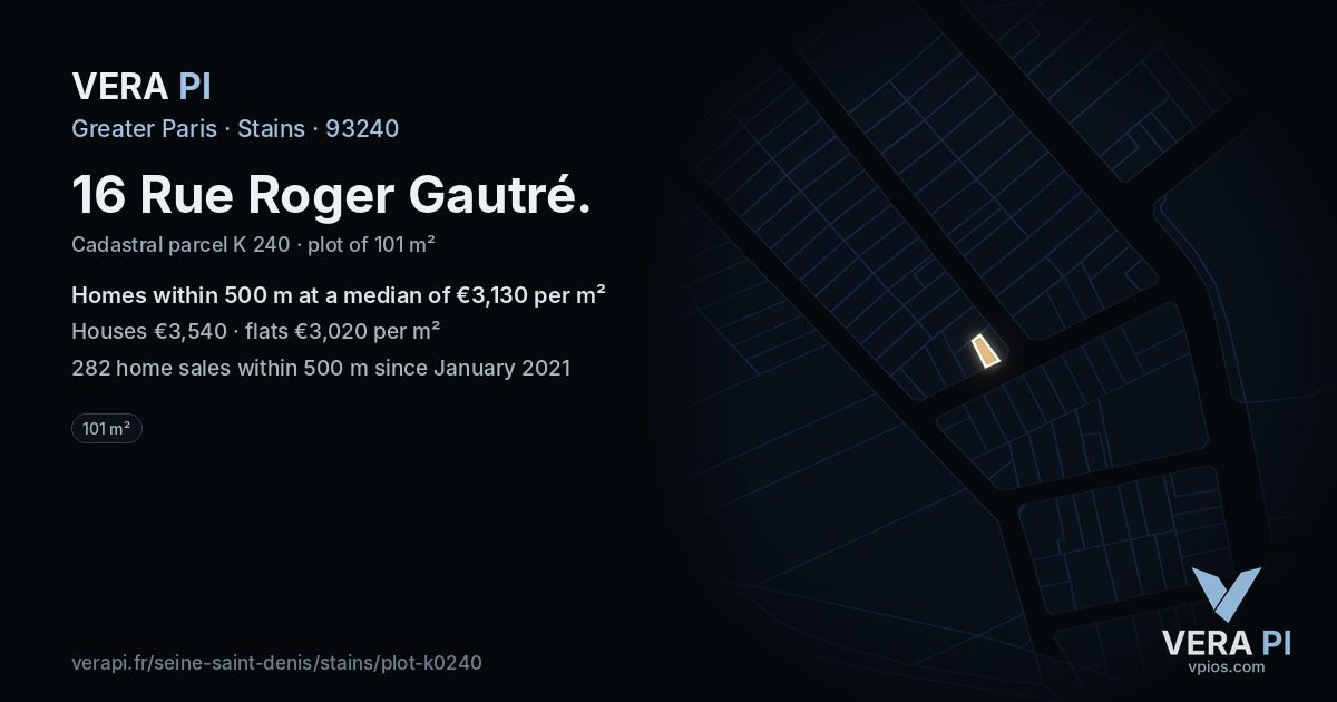 16 Rue Roger Gautré, Stains at night – the plot lit, the parcels around coloured by the prices near them