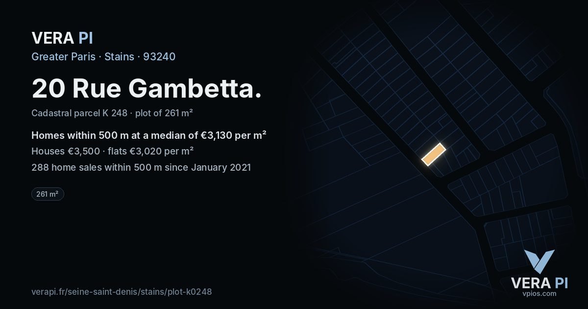 20 Rue Gambetta, Stains at night – the plot lit, the parcels around coloured by the prices near them