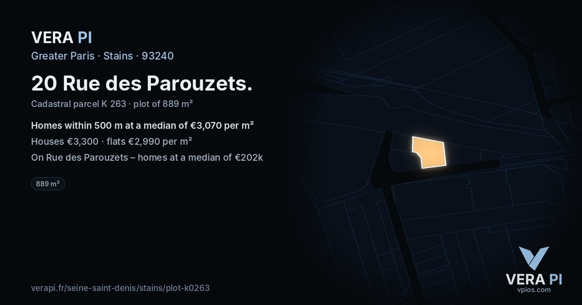20 Rue des Parouzets, Stains at night – the plot lit, the parcels around coloured by the prices near them