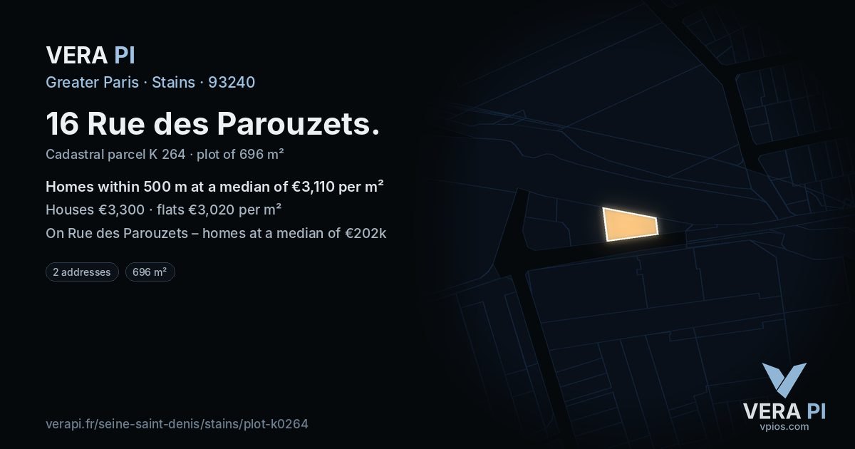 16 Rue des Parouzets, Stains at night – the plot lit, the parcels around coloured by the prices near them