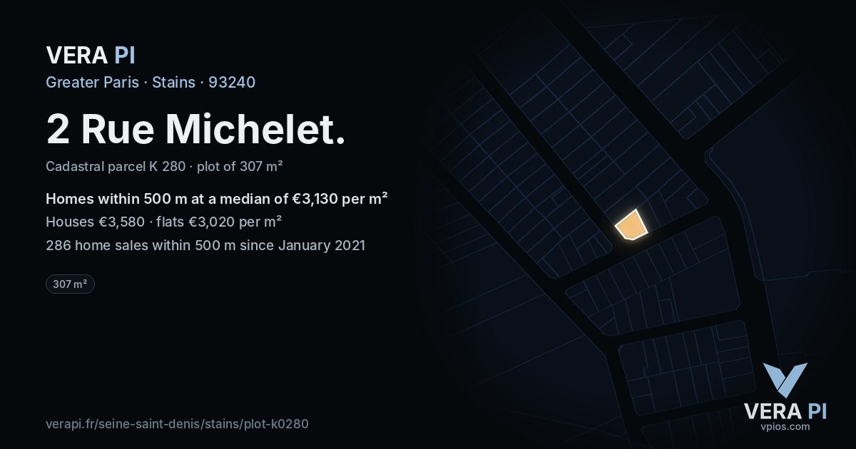 2 Rue Michelet, Stains at night – the plot lit, the parcels around coloured by the prices near them