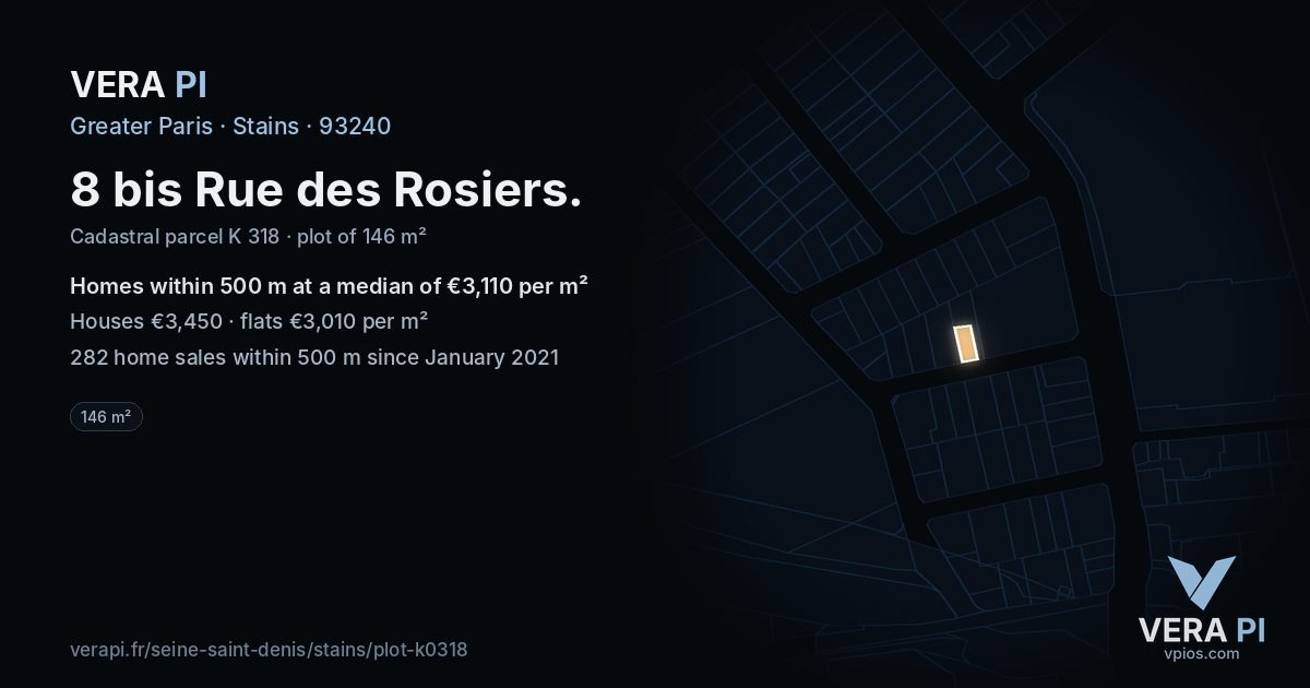 8 bis Rue des Rosiers, Stains at night – the plot lit, the parcels around coloured by the prices near them