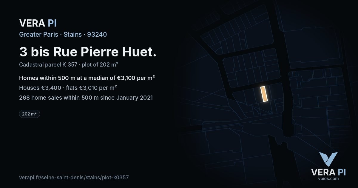 3 bis Rue Pierre Huet, Stains at night – the plot lit, the parcels around coloured by the prices near them