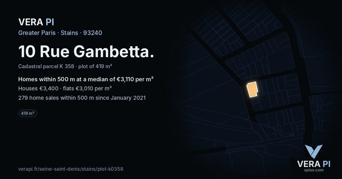 10 Rue Gambetta, Stains at night – the plot lit, the parcels around coloured by the prices near them