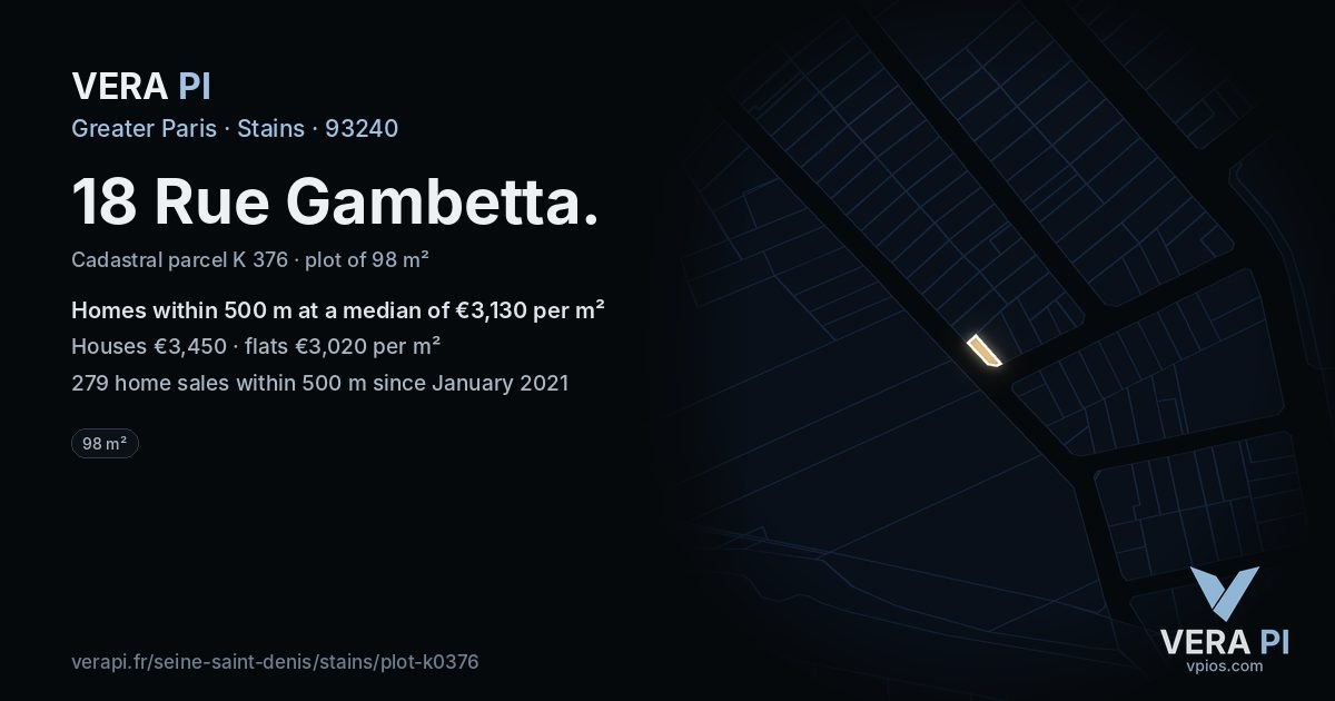 18 Rue Gambetta, Stains at night – the plot lit, the parcels around coloured by the prices near them