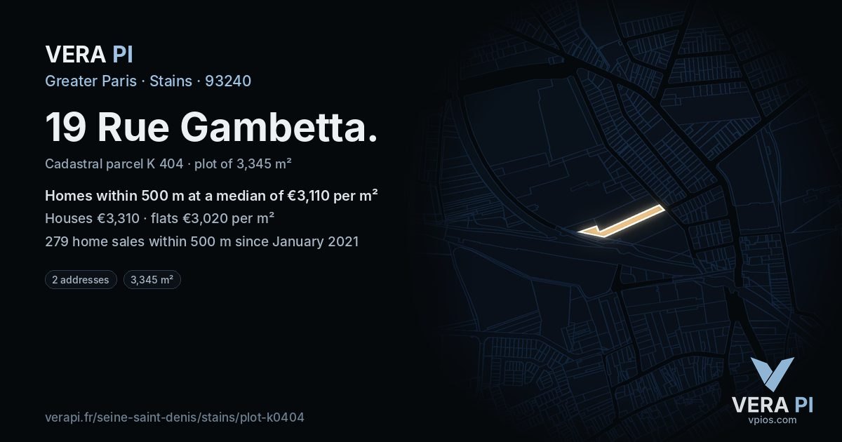 19 Rue Gambetta, Stains at night – the plot lit, the parcels around coloured by the prices near them