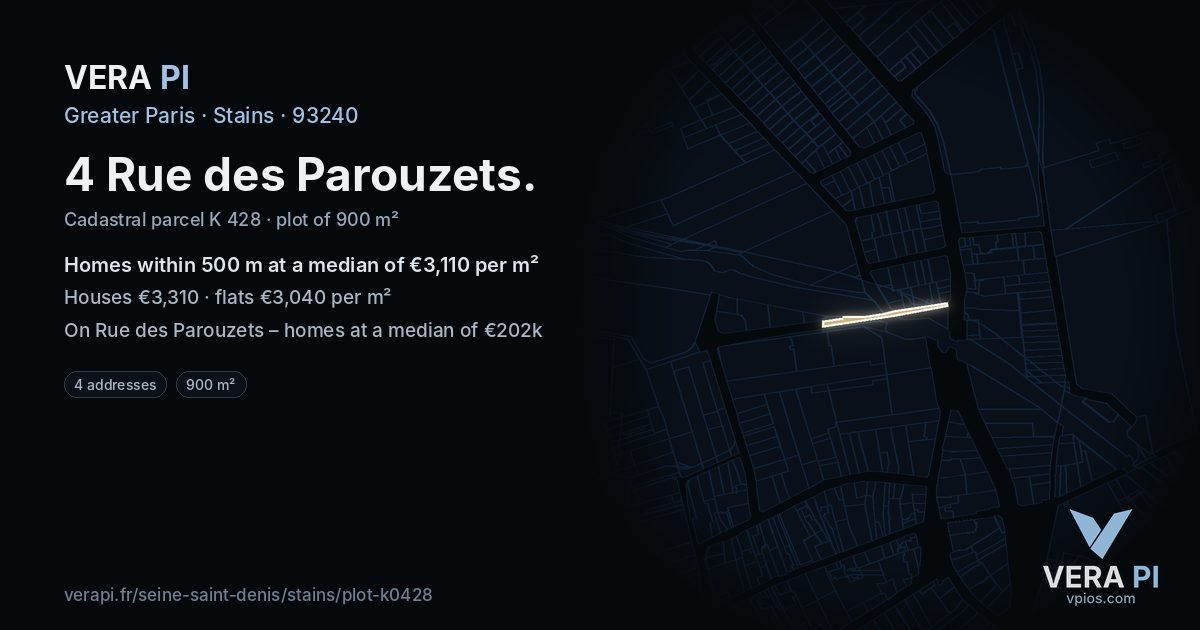 4 Rue des Parouzets, Stains at night – the plot lit, the parcels around coloured by the prices near them