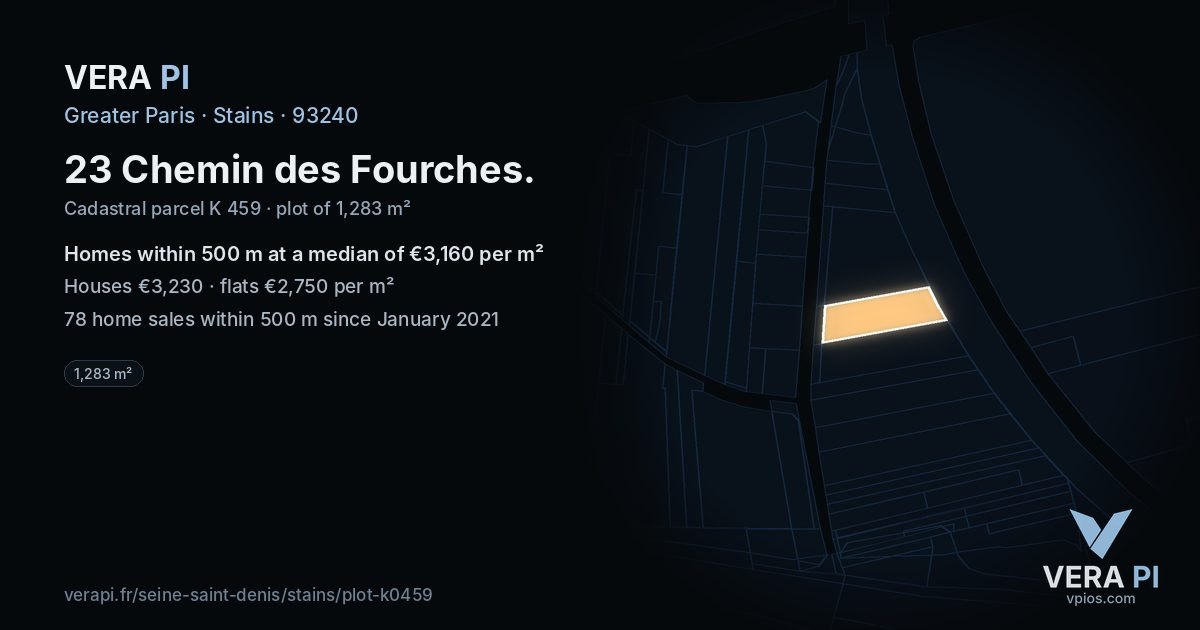 23 Chemin des Fourches, Stains at night – the plot lit, the parcels around coloured by the prices near them