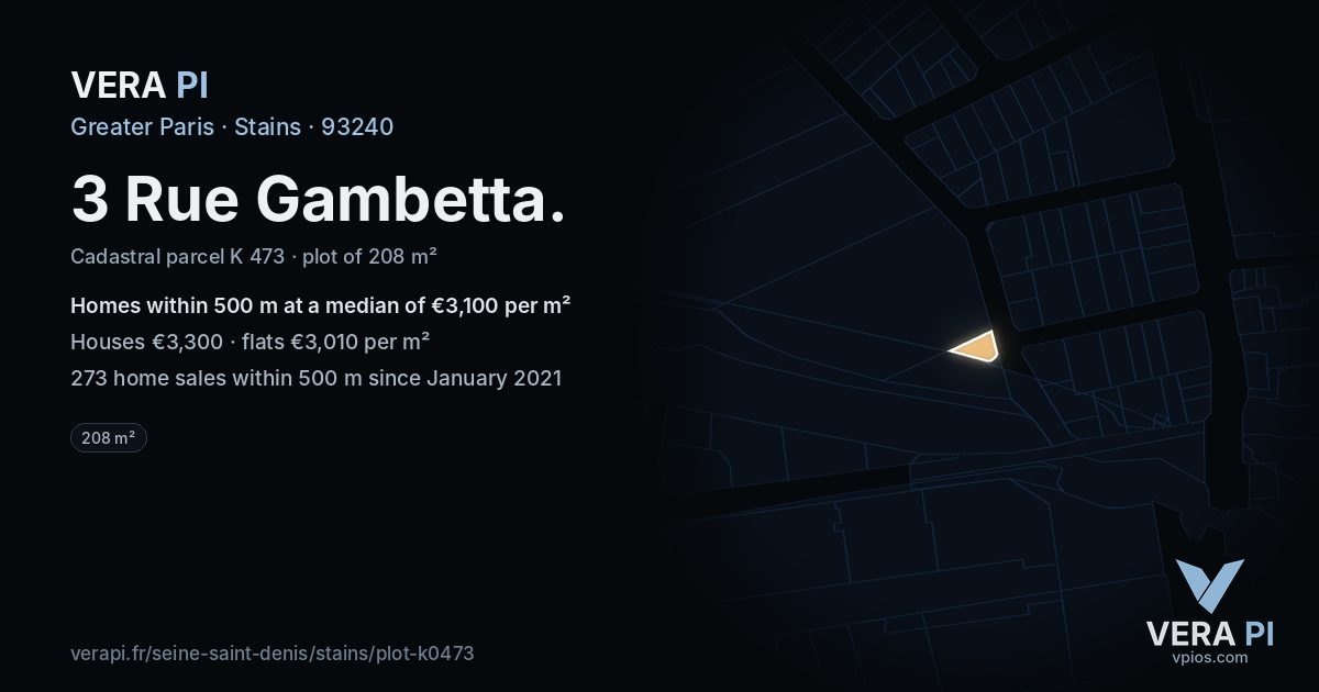 3 Rue Gambetta, Stains at night – the plot lit, the parcels around coloured by the prices near them