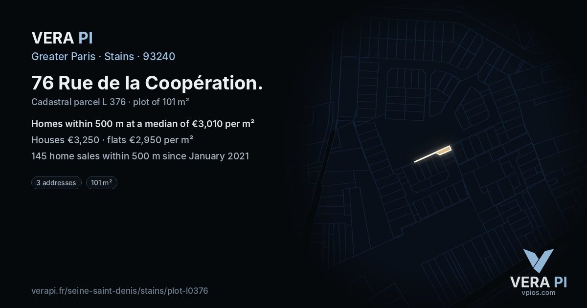 76 Rue de la Coopération, Stains at night – the plot lit, the parcels around coloured by the prices near them