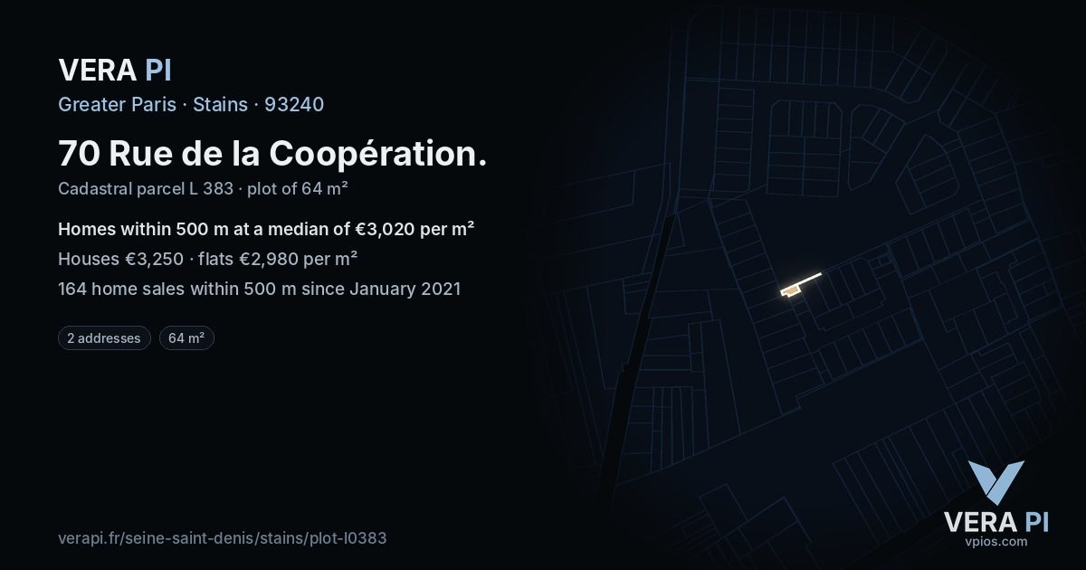 70 Rue de la Coopération, Stains at night – the plot lit, the parcels around coloured by the prices near them