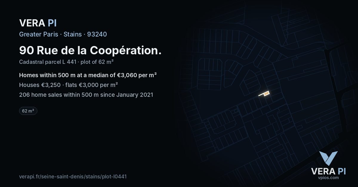 90 Rue de la Coopération, Stains at night – the plot lit, the parcels around coloured by the prices near them