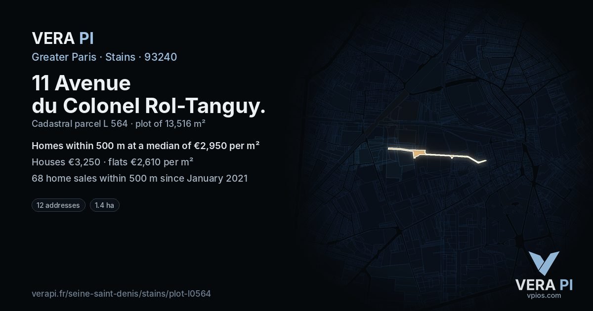 11 Avenue du Colonel Rol-Tanguy, Stains at night – the plot lit, the parcels around coloured by the prices near them