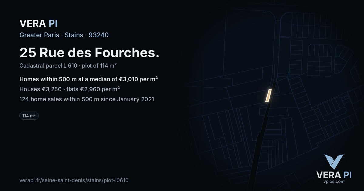 25 Rue des Fourches, Stains at night – the plot lit, the parcels around coloured by the prices near them