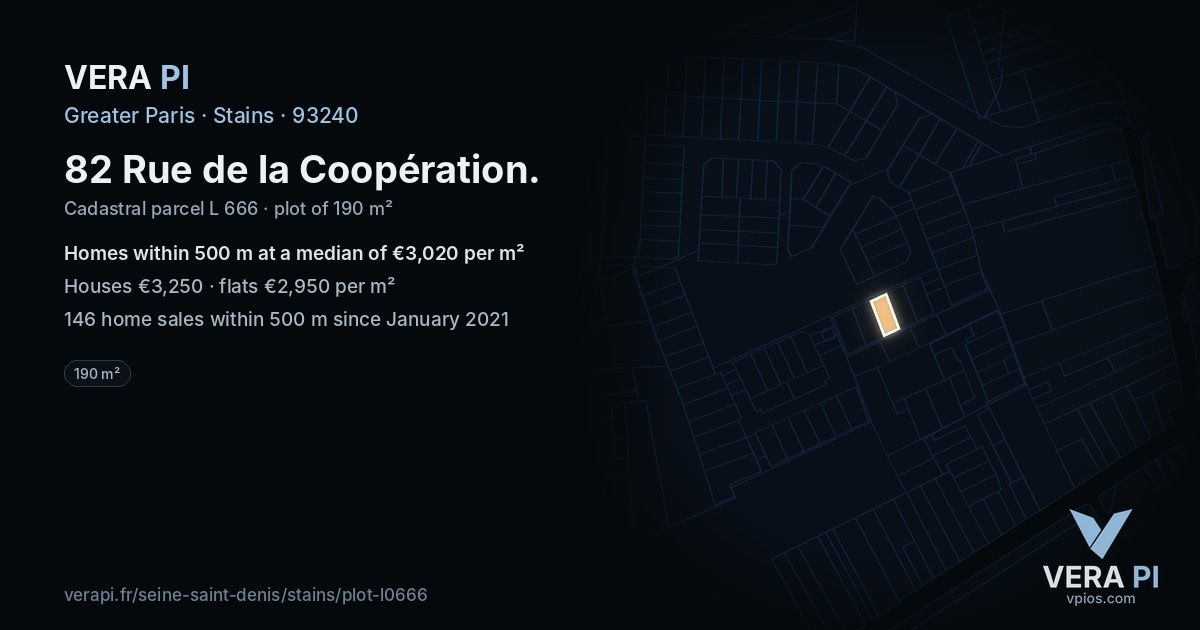 82 Rue de la Coopération, Stains at night – the plot lit, the parcels around coloured by the prices near them