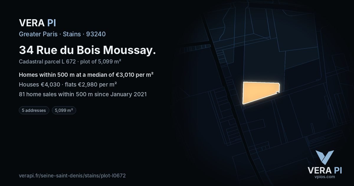 34 Rue du Bois Moussay, Stains at night – the plot lit, the parcels around coloured by the prices near them