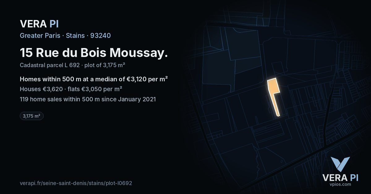 15 Rue du Bois Moussay, Stains at night – the plot lit, the parcels around coloured by the prices near them