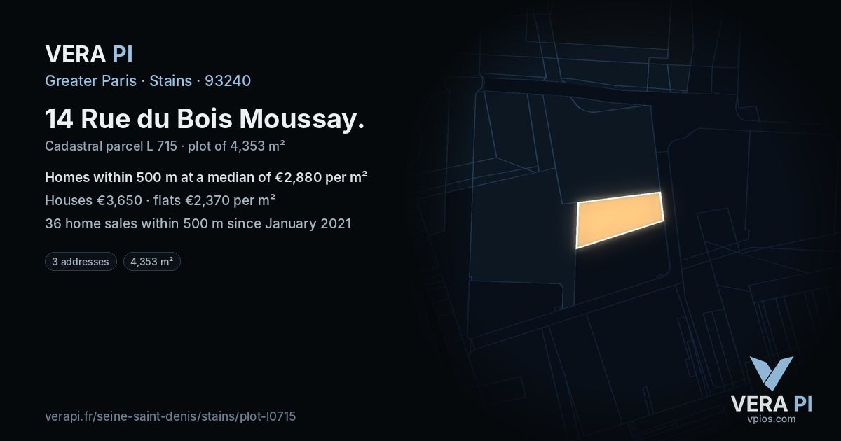 14 Rue du Bois Moussay, Stains at night – the plot lit, the parcels around coloured by the prices near them