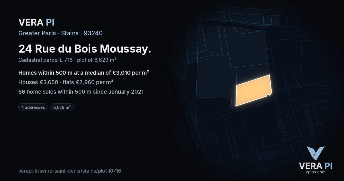 24 Rue du Bois Moussay, Stains at night – the plot lit, the parcels around coloured by the prices near them