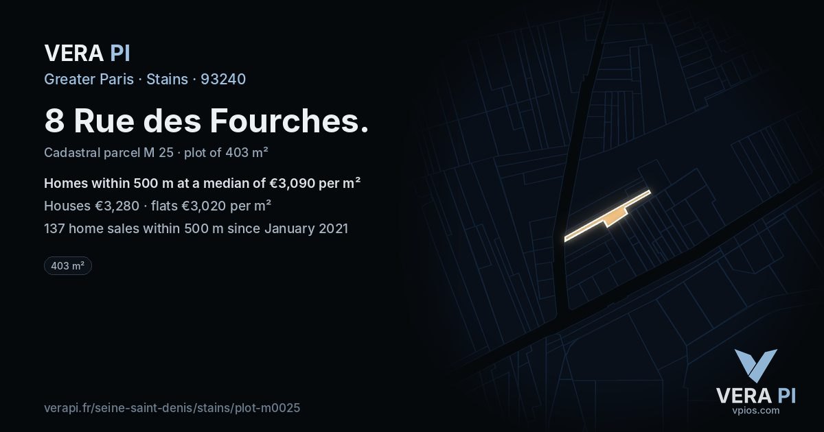 8 Rue des Fourches, Stains at night – the plot lit, the parcels around coloured by the prices near them
