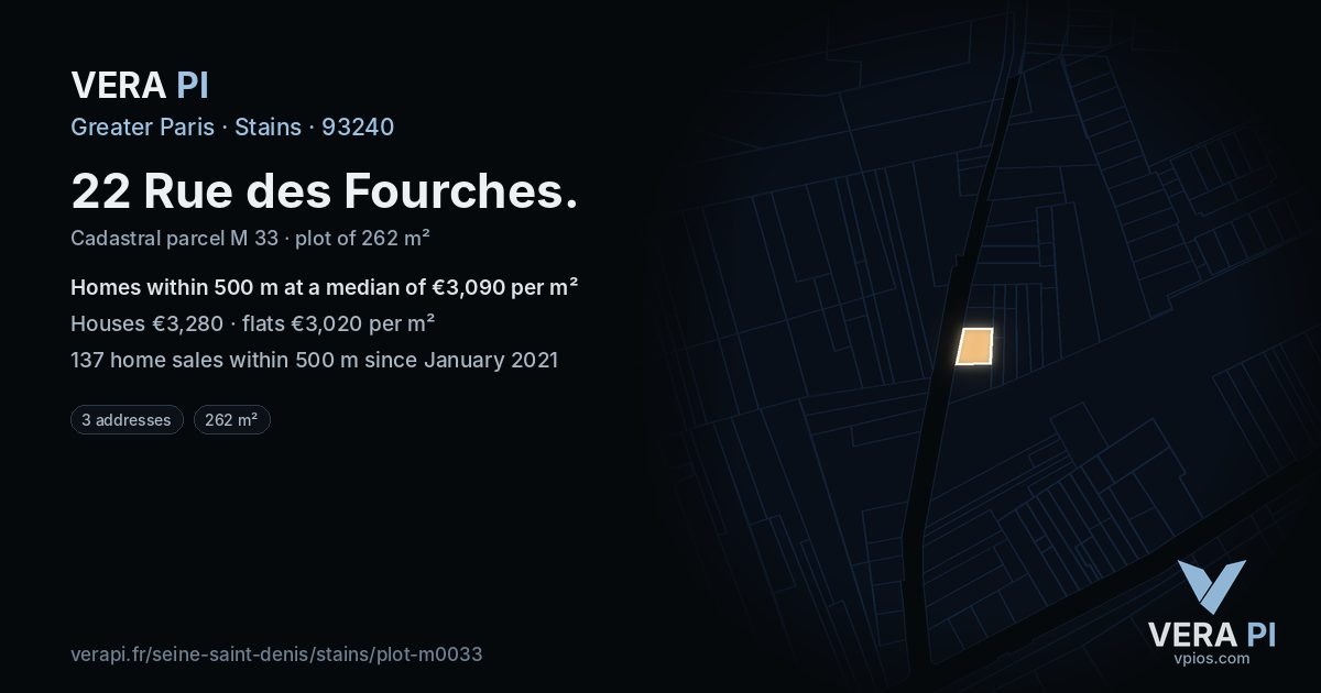 22 Rue des Fourches, Stains at night – the plot lit, the parcels around coloured by the prices near them