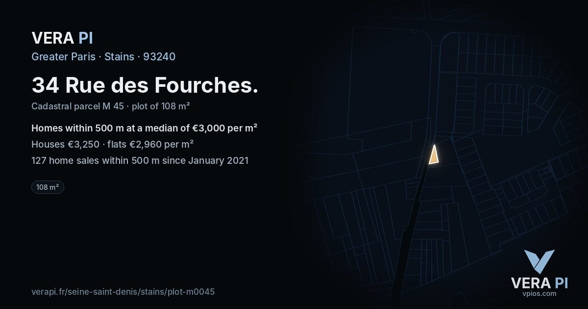 34 Rue des Fourches, Stains at night – the plot lit, the parcels around coloured by the prices near them