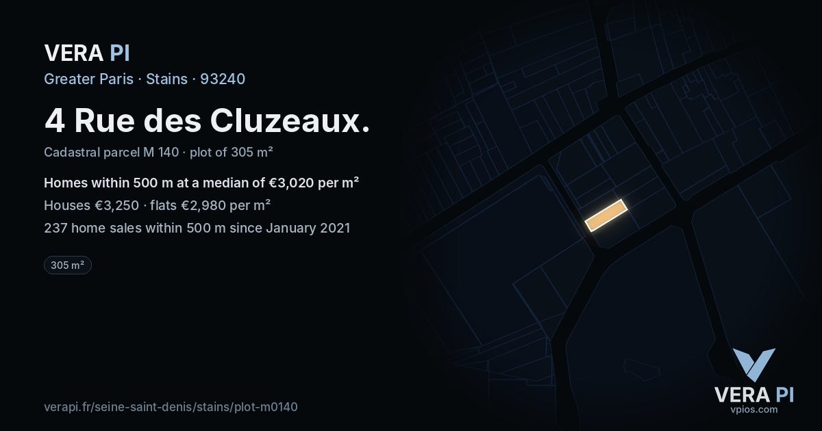 4 Rue des Cluzeaux, Stains at night – the plot lit, the parcels around coloured by the prices near them
