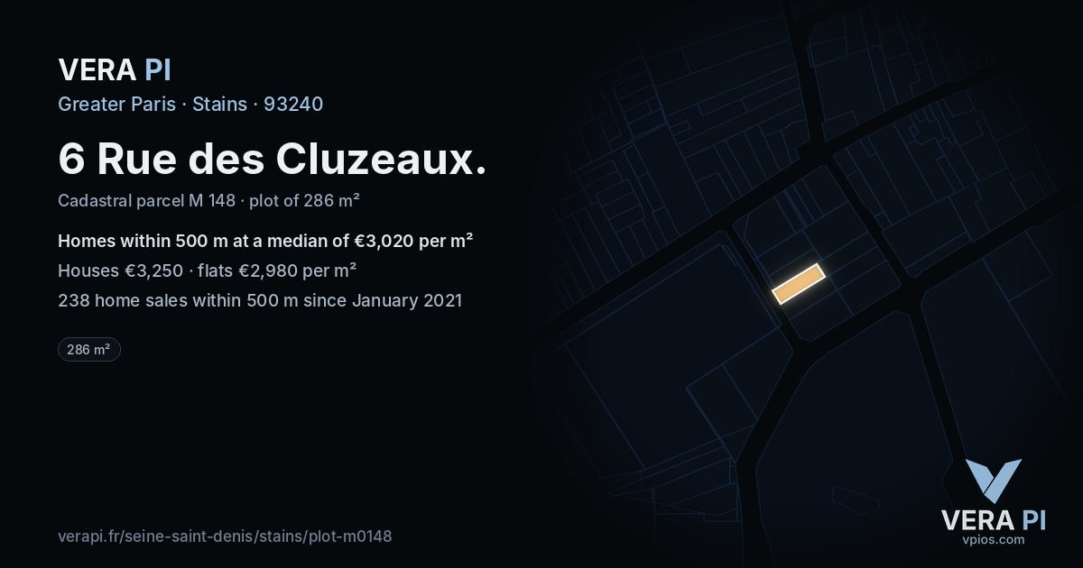 6 Rue des Cluzeaux, Stains at night – the plot lit, the parcels around coloured by the prices near them