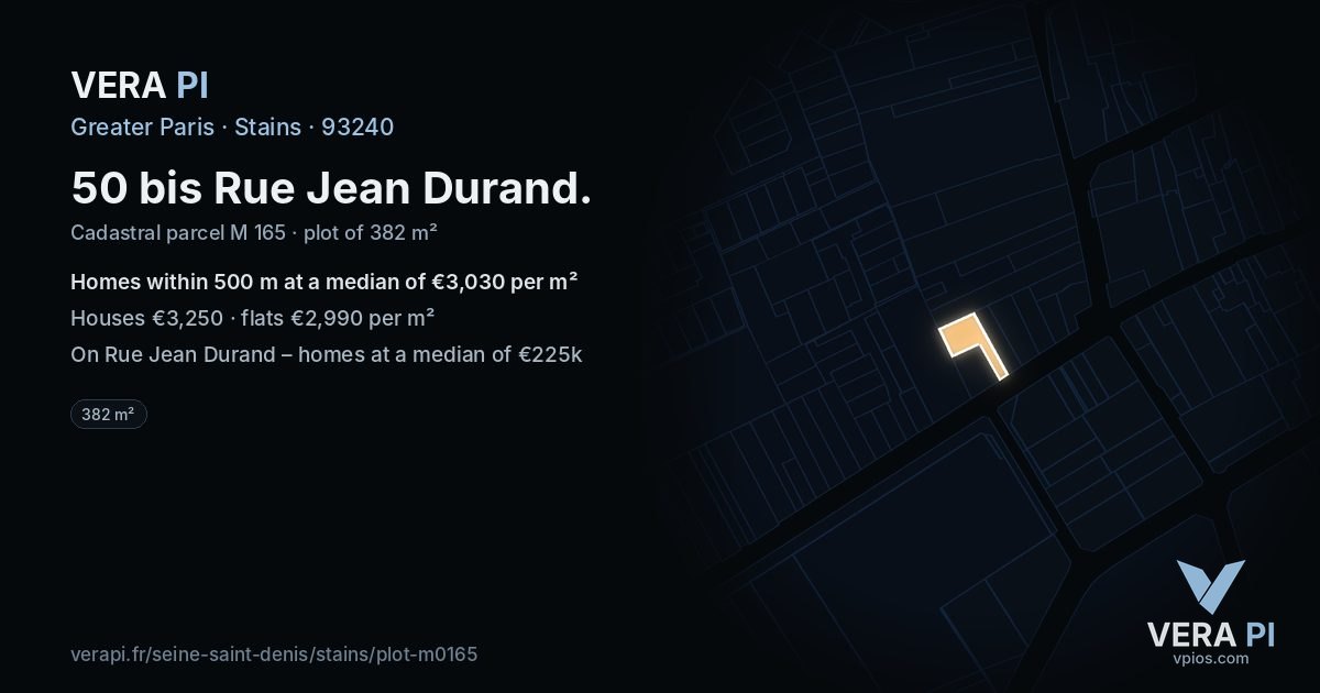 50 bis Rue Jean Durand, Stains at night – the plot lit, the parcels around coloured by the prices near them