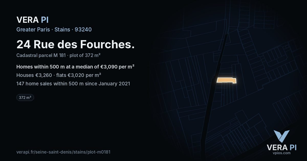 24 Rue des Fourches, Stains at night – the plot lit, the parcels around coloured by the prices near them