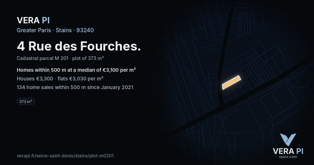 4 Rue des Fourches, Stains at night – the plot lit, the parcels around coloured by the prices near them