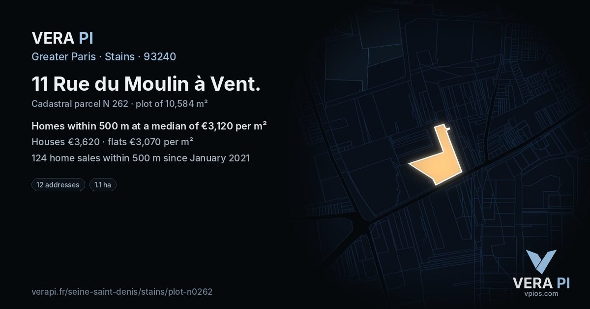 11 Rue du Moulin à Vent, Stains at night – the plot lit, the parcels around coloured by the prices near them