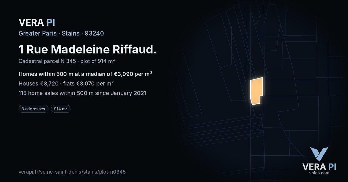 1 Rue Madeleine Riffaud, Stains at night – the plot lit, the parcels around coloured by the prices near them